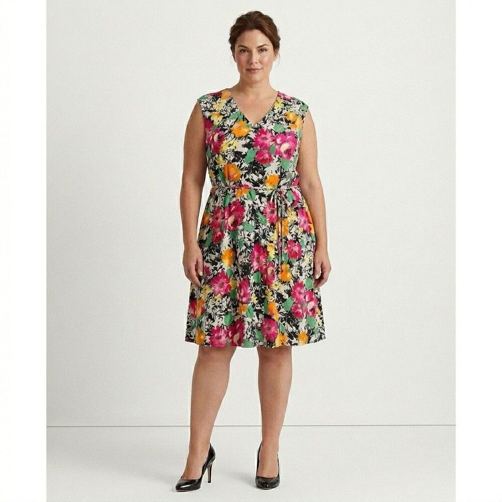 Lauren‎ Ralph Lauren Dress Women Pink Orange Floral Work Old Money Quiet Luxury